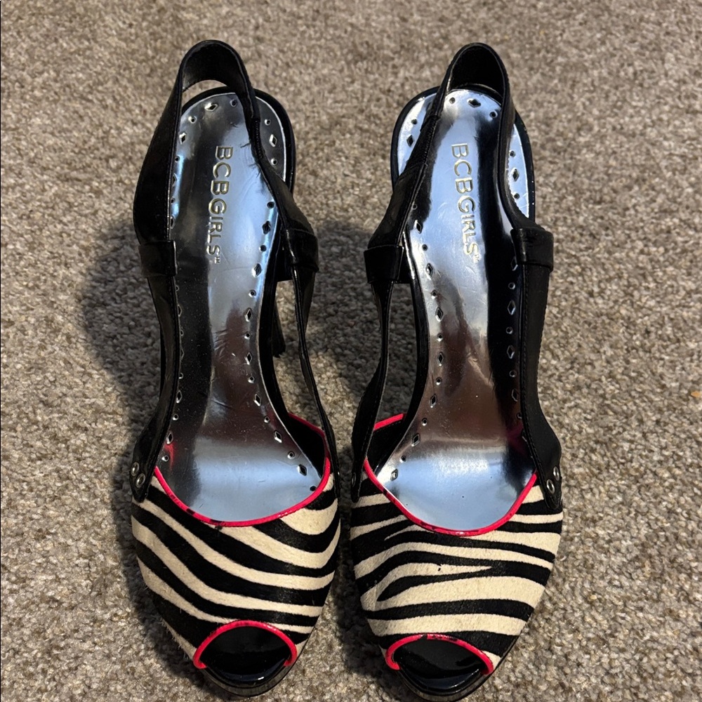 BCBGeneration Zebra-Print Peep-Toe Slingback Heels with Pink Trim